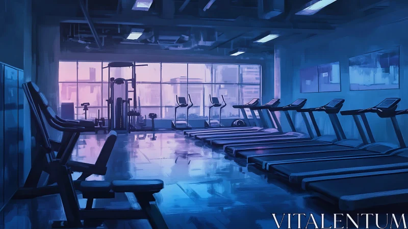 Commercial gym interior with treadmills under cool lighting.