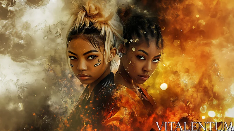 Dual portrait amid swirling ember clouds and smoky veils.