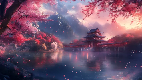 Mountain lake temple among pink cherry blossoms at dusk.