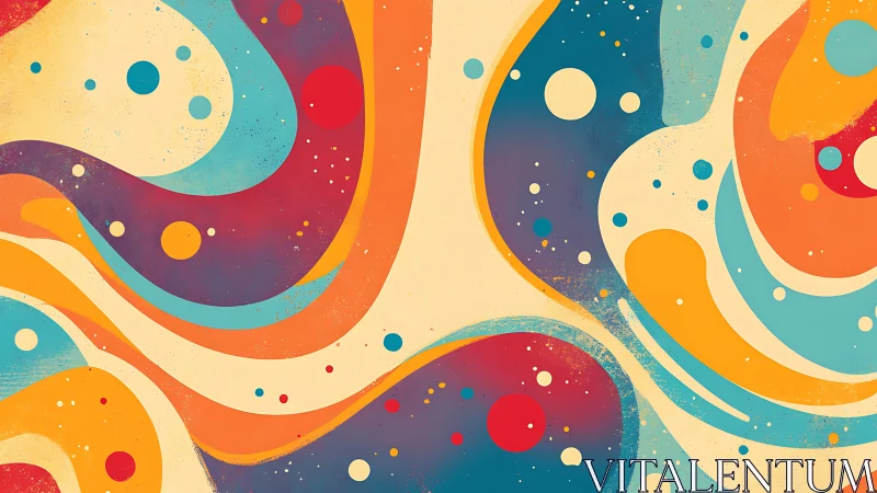 Curved multicolor bands and circles form layered abstract pattern