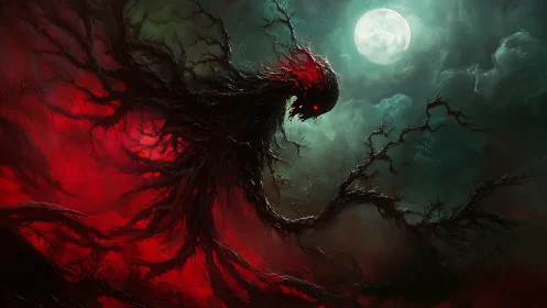 Lunar backlit necrotic wraith entwined with arboriform shadows.