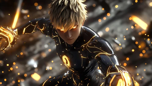 Blond combat figure in black luminous suit mid-motion.