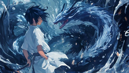 Hydrodynamic duel between swordsman and vortex-borne dragon.