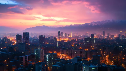 Luminous city skyline glows beneath dramatic sunset mountains
