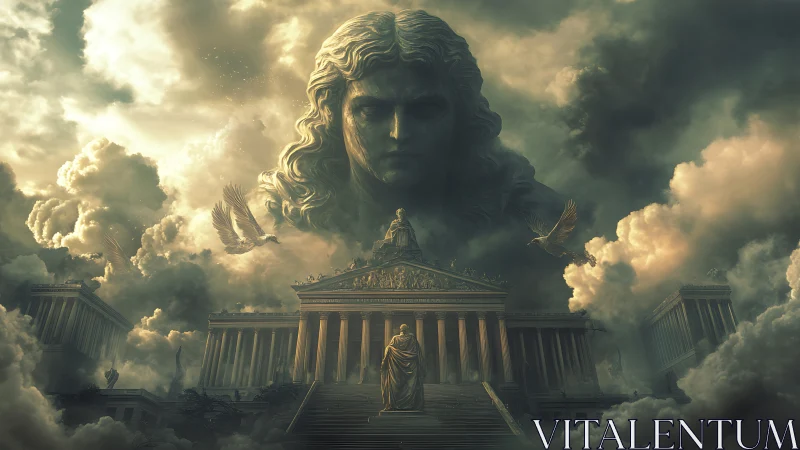 Stormcrow temple beneath a brooding celestial titan.