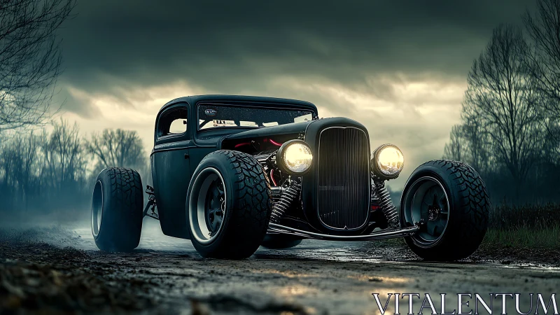 Stormlit hot rod rumbles down a misty country dirt road
