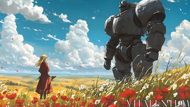 Human figure and large robot in flowered hillside landscape.