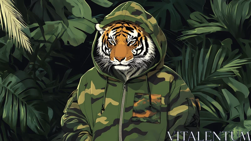 Tiger in camouflage hoodie within dense tropical foliage.