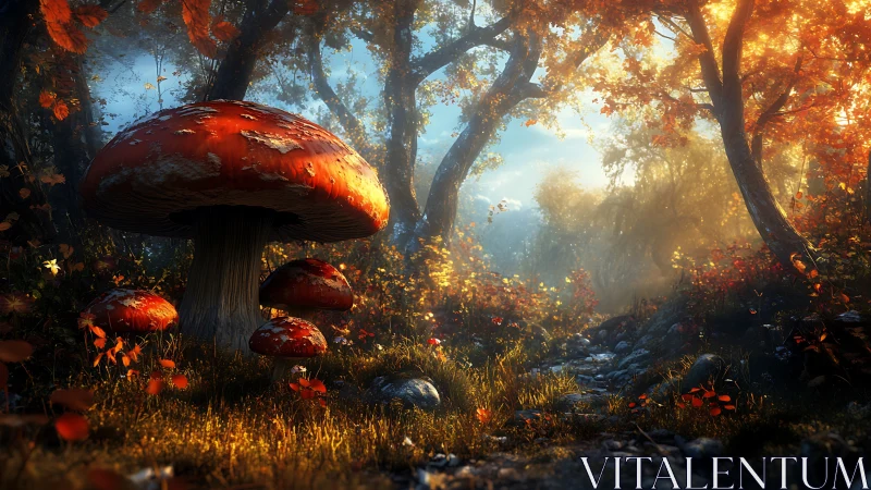Digital painting of luminous forest toadstools in autumn light.