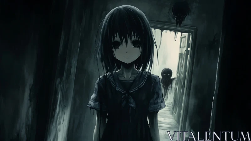 Girl confronts shadowy spirit in narrow haunted hallway