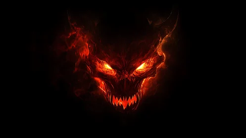 Fiery demonic skull blazes from darkness with haunting intensity
