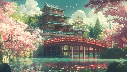 Serene Japanese pagoda and red bridge over blossom pond.