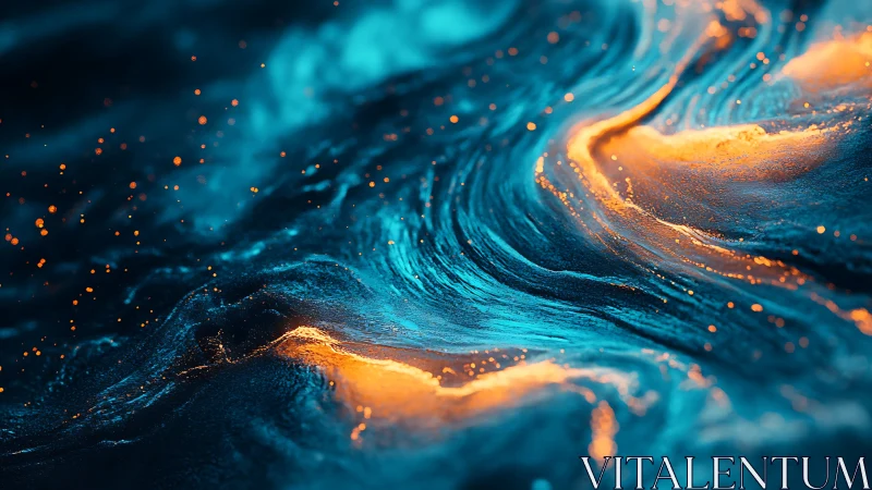 Abstract blue and orange liquid waves flow across dark space