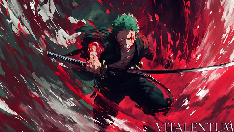 Green-haired swordsman unleashes crimson vortex of power.