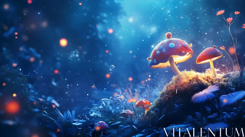 Bioluminescent toadstools in blue nocturne forest glen