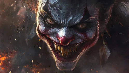 Sinister demonic clown face with burning chaotic background.