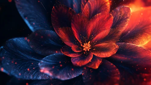 Digital macro flower glows with red and blue luminous light