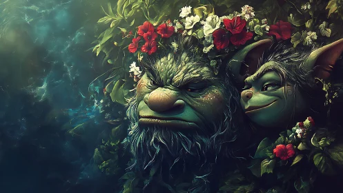 Two plant-covered fantasy faces emerge from dense foliage