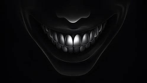 Smiling mouth with highlighted teeth emerges from darkness