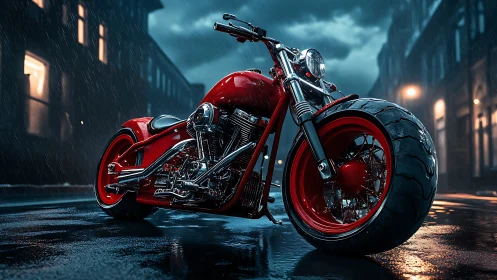 Custom red chopper motorcycle under rain in moody city street.