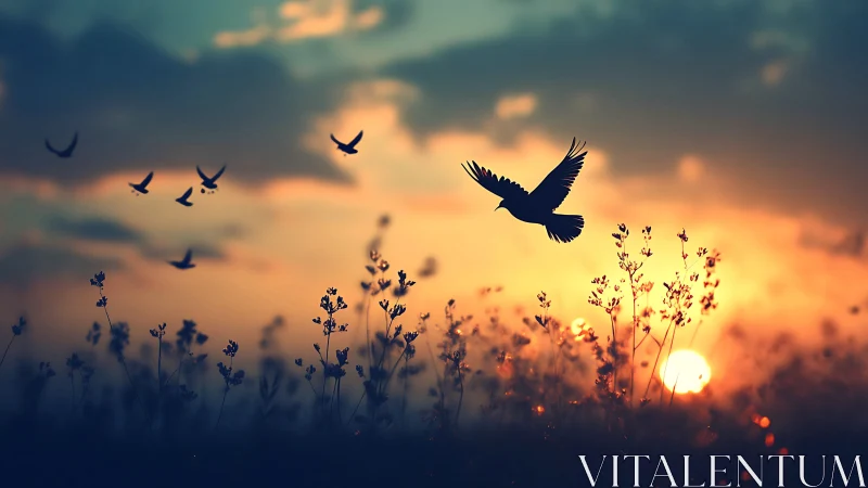 Birds in Flight Over Wildflowers at Sunset, Soft Dreamy Style.