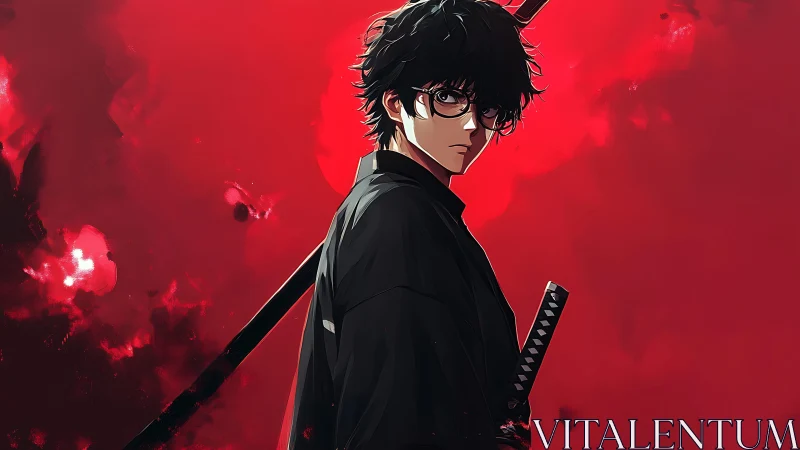 Brooding anime swordsman before crimson storm sky.