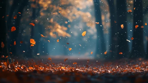 Autumn leaves drift through a shallow-focus forest corridor