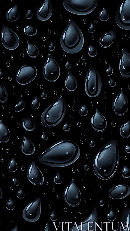 Gleaming water droplets drift across a deep black void