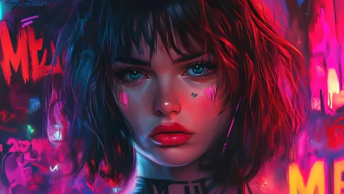 Neon cyberpunk portrait shows intense gaze and electric color.