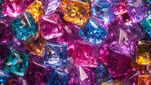 Multicolored faceted glass cubes in dense clustered view.