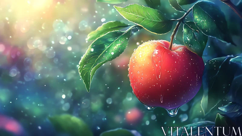 Ripe red apple with dew on branch in glowing garden light.