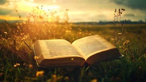 Sunlit open book in golden meadow at glowing sunset.