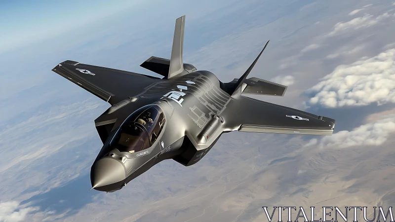 Stealth military jet fighter flying over desert landscape.