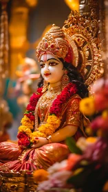Ornate Hindu deity statue with garlands and gold adornment.