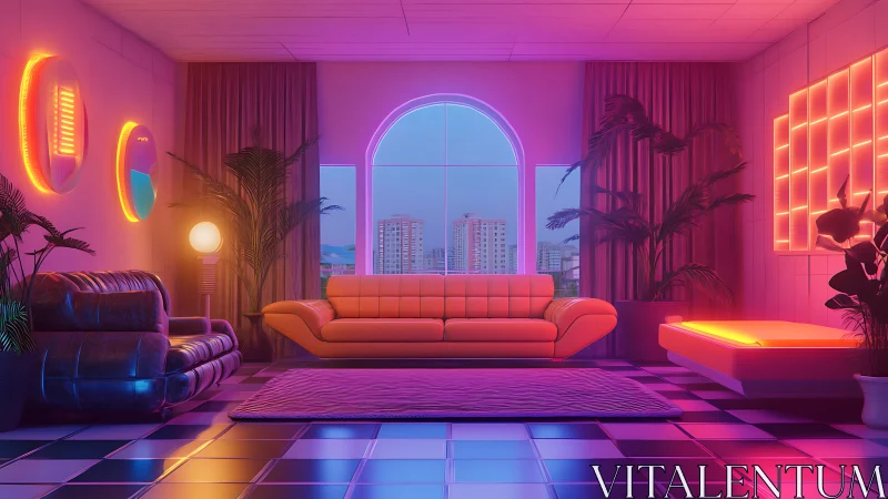 Neon-lit retro living room merges city views with bold color glow.