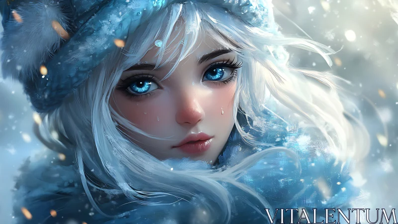Blue eyed winter girl with white hair in falling snow.