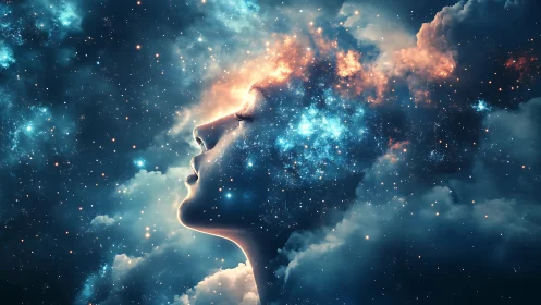 Cosmic human profile dissolving into glowing starfield sky.