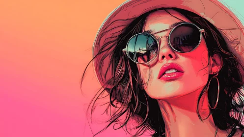 Bold digital portrait of woman in sunglasses and hat.