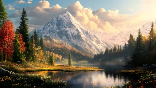 Snow-covered mountain above calm river in autumn forest.