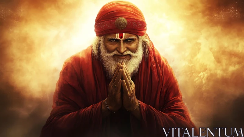 Serene elderly guru bows in radiant golden light of peace.