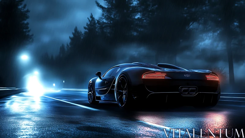 Hypercar accelerates through rain-soaked nocturnal highway