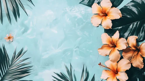 Tropical Hibiscus Blooms with Palm Fronds Against Turquoise Textured Wall