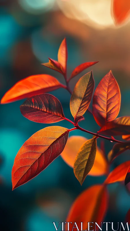 Sunlit vermilion leaves against teal bokeh backdrop.