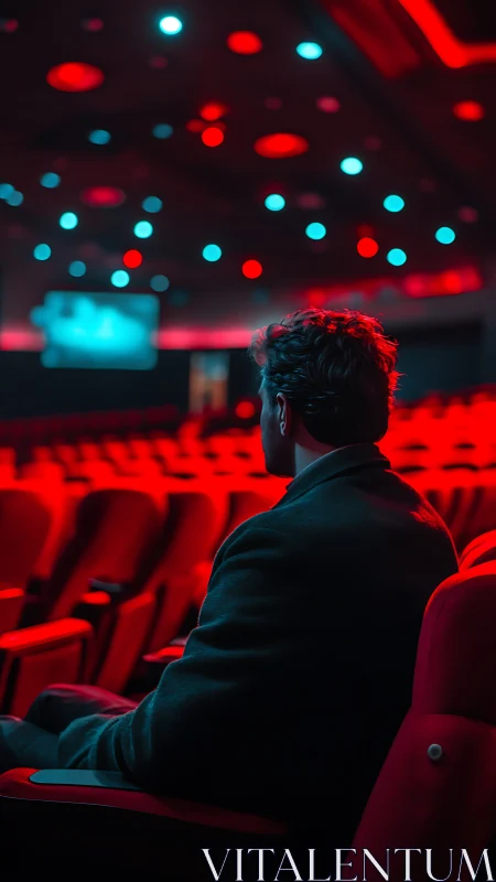 Man sits alone in neon red cinema hall under blue lights