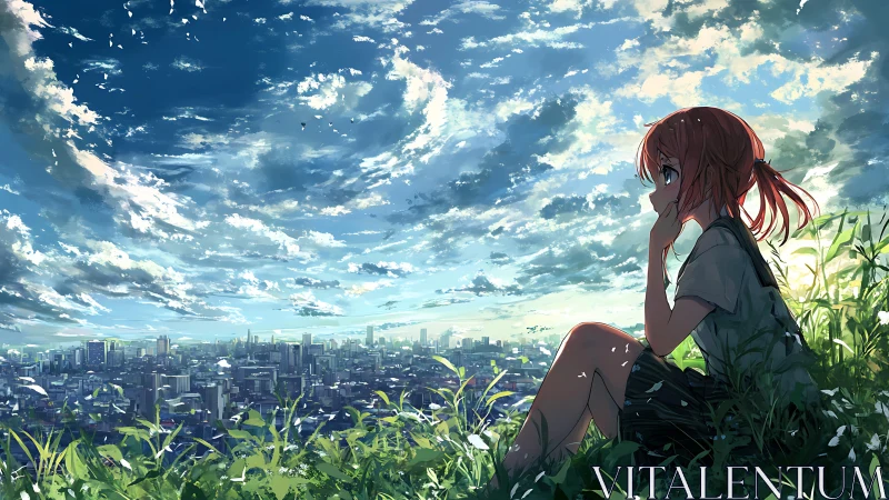 Thoughtful girl watching a sunlit city under vast skies.