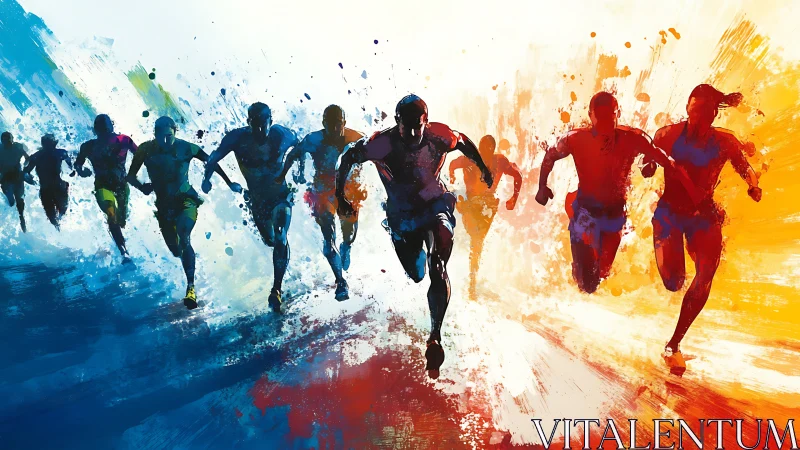 Sprinters in dynamic motion within dual-color energy field.