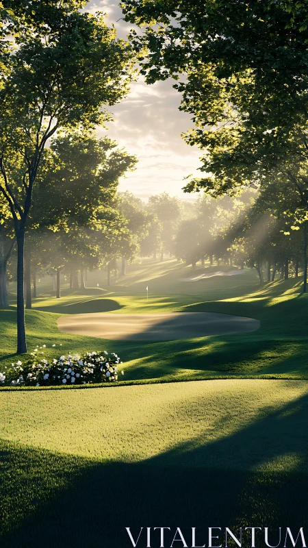Morning sun drifts through trees to sculpt a calm golf fairway
