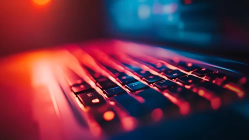 Low-angle laptop keyboard under contrasting neon red and blue bokeh