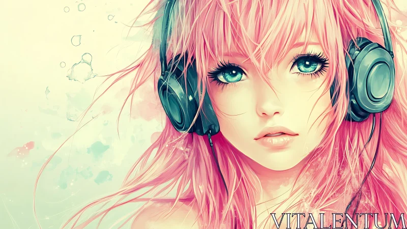 Anime style portrait of pink haired girl with headphones.