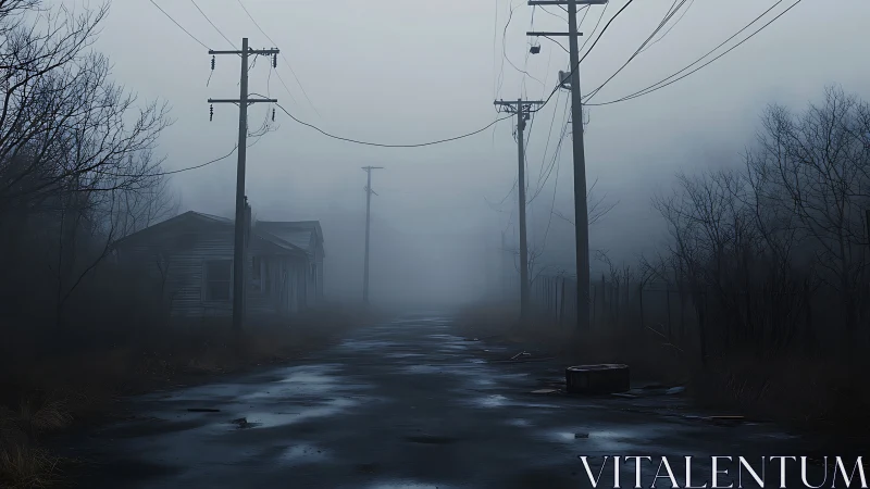 Fog-drenched abandoned road with decaying power lines at dusk.